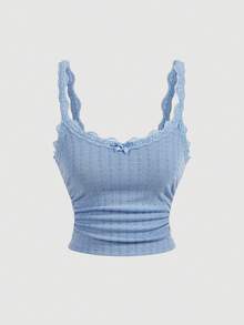 SHEIN MOD Cute Blue Vest With Pleated Lace Patchwork Bow, Singlet, Blue Vest, Fall Outfit, Bow Top, Cute School Top, Back To School Top - Blue - View 1