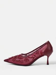CUCCOO HITCHD Zapatos de tacón medio con punta puntiaguda para mujer, zapatos de fiesta - Carmesí - Ver 2