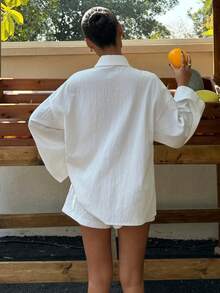 Muchica Women's Summer New Casual Vacation White Woven Shirt & Shorts Set - White - View 2