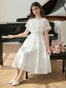 SHEIN Tween Girl Elegant White Lace Patchwork Dress,Summer Flower Girl Wedding Party Modest Ivory Dress For Tweens Teen Young Girl Spring Solid Color - White - View 6
