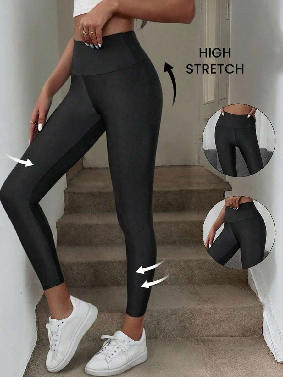 SHEIN LUNE Solid Skinny Crop Leggings - Black - View 1