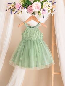 SHEIN Elegant & Cute Green Lace Mesh Spaghetti Strap Dress/Romper - Green - View 1