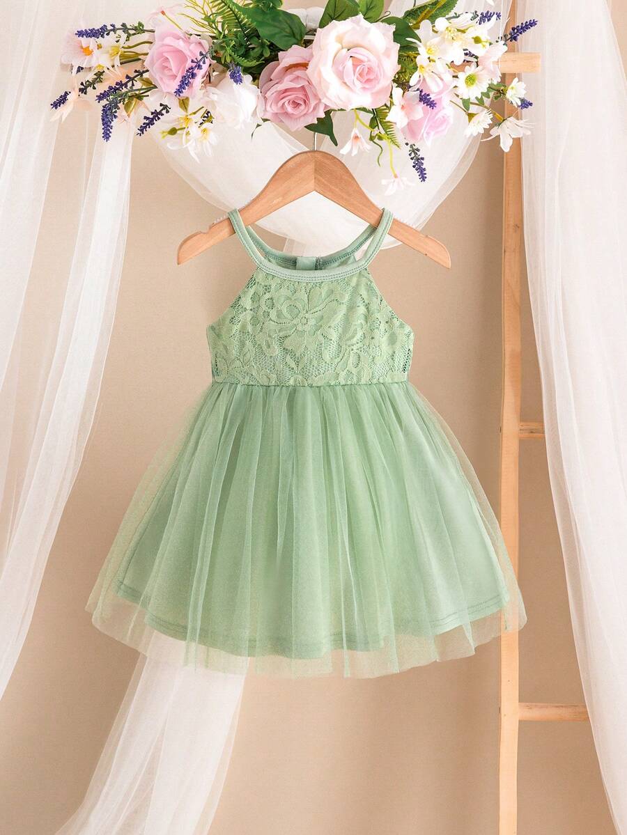 SHEIN Elegant & Cute Green Lace Mesh Spaghetti Strap Dress/Romper - Green - View 1