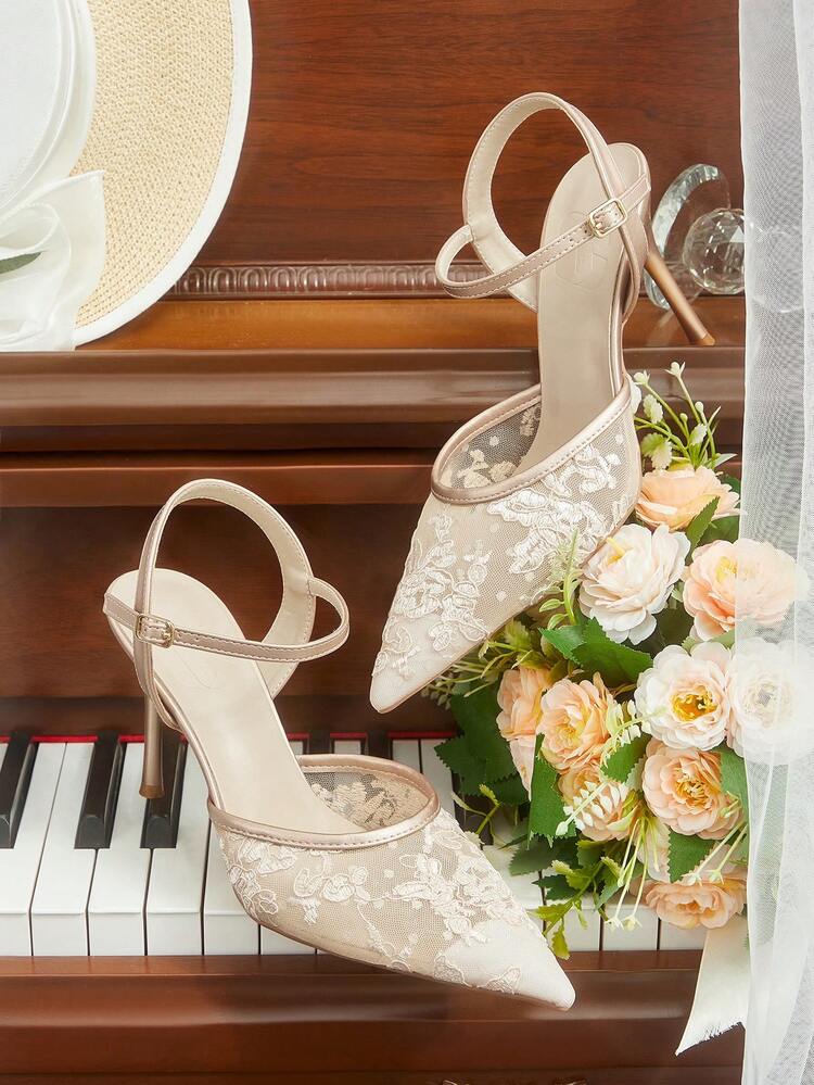 CUCCOO HITCHD Women Shoes Pointed Stiletto Champagne Mesh Lace Simple Ankle Strap Women's Slingback Shoes Wedding Party Banquet Simple Fashion Sexy Women's High Heel Shoes Women's Shoes