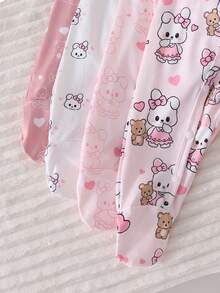 4pcs Newborn Cute Rabbit & Bear Graphic Footie Pajamas, Pink & White - Multicolor - View 5