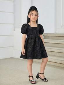 SHEIN Nova Glow Young Girl Woven Colorblock Sleeveless Bow Decor Casual Dress - Black - View 5