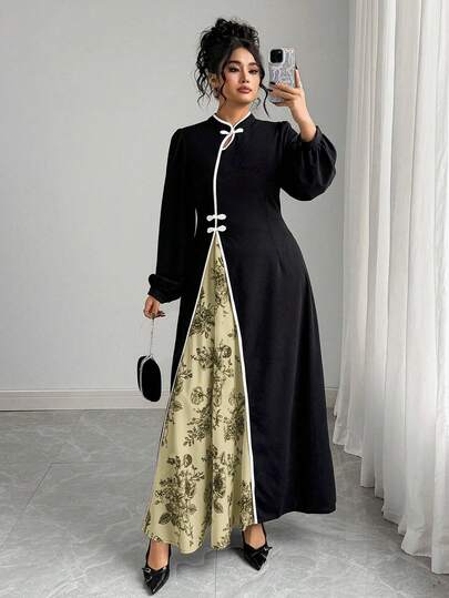 Elenzga 大码中国风新款中式长袍套装，秋冬款，青蛙扣中国结旗袍，水墨画风格连衣裙，新设计
