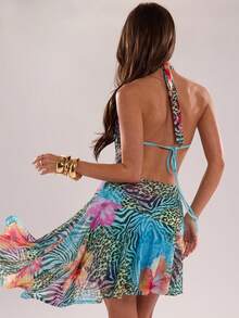 SHEIN BAE Women's Sexy Plunge Neck Backless Printed Beach Vacation Dress,Spring/Summer New Arrival: Blue Leopard Print Dress. Perfect For Beach Vacations, Beach Trips, Beach Parties, Dates, Nightclubs, Picnics, Parties, Music Festivals, Brunch, And Other Occasions.,Summer Dresses For Women - Baby Blue - View 2