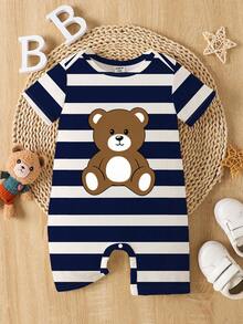 SHEIN Playful Pals Baby Boy Striped Bear Print Short Sleeve Romper, Casual Outfit Suitable For Spring/Summer Holidays - Multicolor - View 4