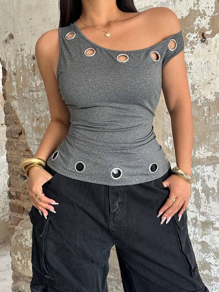 Sunspun Áo thun ôm dáng cỡ lớn, màu tối, cổ xéo, trang trí khoen kim loại. - Màu Xám nhạt - Xem 1