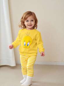 LOONEY TUNES X SHEIN 2 件套女婴卡通崔迪鸟刺绣卫衣和黄白条纹印花打底裤，适合秋冬季 - 黃色 - 查看 3