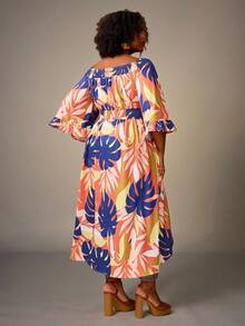 BrightlyHer Plus Size Vacation Casual Floral Print Off-Shoulder Maxi Blouse/Summer/Spring Holiday Beach - Multicolor - View 2