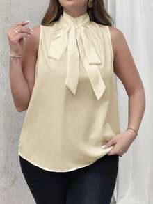 SHEIN Privé Áo kiểu dáng thanh lịch, cỡ lớn, không tay, thắt nơ, thích hợp cho công sở, mùa hè. - Màu be - Xem 4