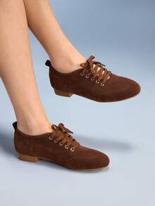 CUCCOO GRLICON Women's Lace-Up Casual Versatile Low Heel Shoes - Chocolate Brown - View 5