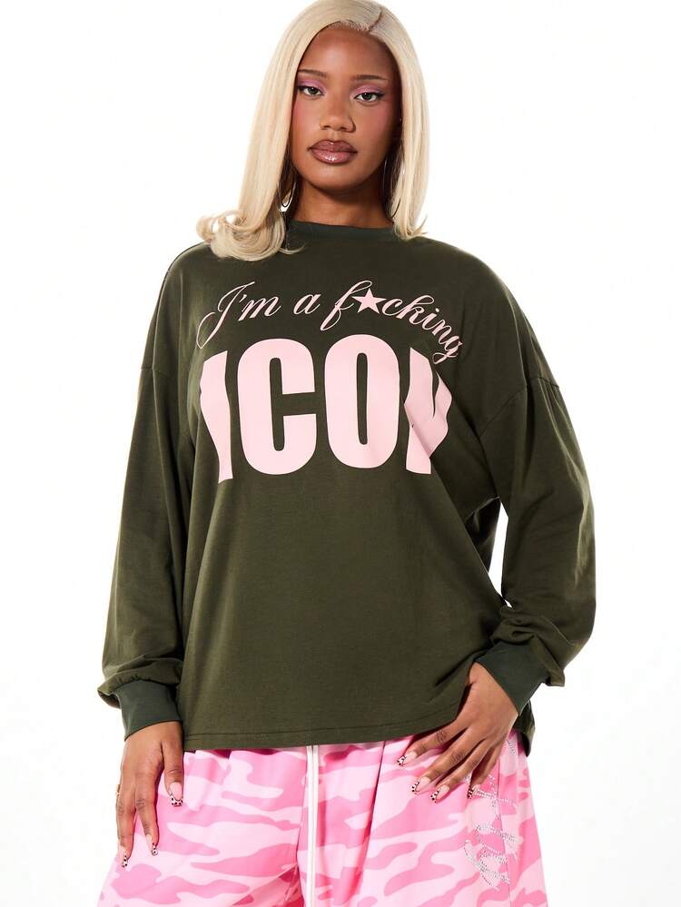 SUMWON Oversized Long Sleeve Graphic Tee With Icon Star Print Statement Text Slogan Crew Neck Cotton Casual Winter Fall Pullover Top