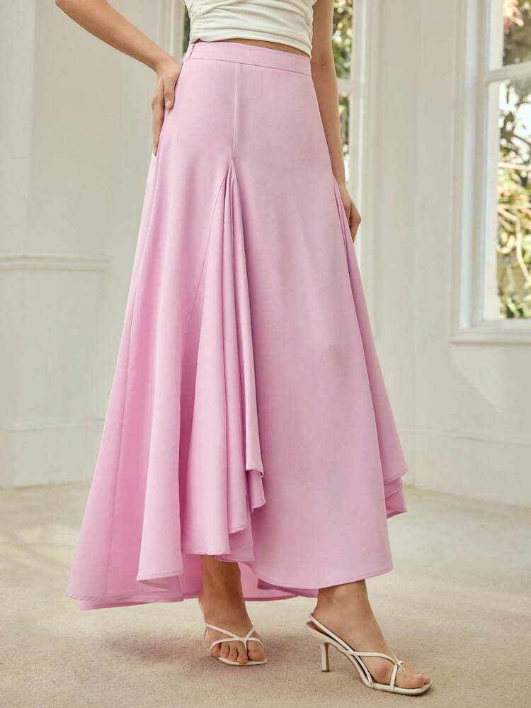 Gonna asimmetrica rosa a pieghe con design a patchwork francese, versatile