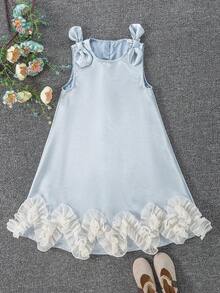 SHEIN Elladie kids Young Girl' Summer Sleeveless Polka Dot Bow Decor Princess Dress, Light Blue Summer Cotton Mini Satin Dress Cute And Elegant Ruffle Dress Young Kids Flower Kids Dresses Light Blue Little Girls Dress Kids Dresses For Girls Light Blue Dress For Kids Girls Blue Dresses Kids Dresses With Ruffles Kids Dresses Bow Shoulder Kids Dresses For Girls Blue - Blue - View 2