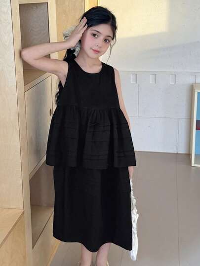 DAZY Tween Girl Solid Color Round Neck Pleated Casual Vacation Everyday Sleeveless Dress