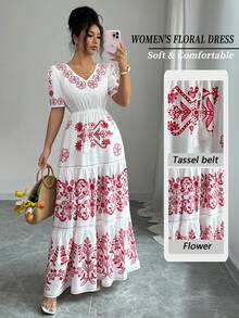 Elenzga Women's New Fashionable And Elegant Red & White Placement Print V-Neck Short Sleeve A-Line Elastic Waist Design Tassel Belt Maxi Dress, Suitable For Commuting, New Year, Streetwear, French Romantic, Casual, Middle Eastern Retro, Afternoon Tea, Party, Thanksgiving, Back To School, Spring/Summer - Red and White - View 1