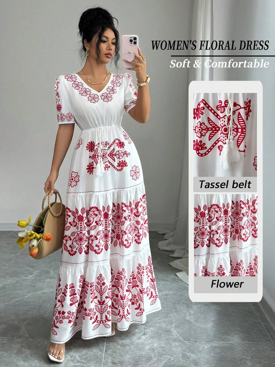 Elenzga Women's New Fashionable And Elegant Red & White Placement Print V-Neck Short Sleeve A-Line Elastic Waist Design Tassel Belt Maxi Dress, Suitable For Commuting, New Year, Streetwear, French Romantic, Casual, Middle Eastern Retro, Afternoon Tea, Party, Thanksgiving, Back To School, Spring/Summer - Red and White - View 1