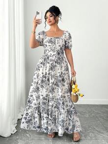 Elenzga Đầm hè cỡ lớn dành cho nữ, đầm maxi ôm dáng thanh lịch, tối giản, in họa tiết phác thảo, cổ vuông, tay ngắn, bèo nhún ở eo, thắt lưng, đầm trắng cỡ lớn dành cho nữ, thích hợp cho mùa xuân, ngày lễ tình nhân, tiệc tùng, đám cưới, lễ tốt nghiệp, kỳ nghỉ, đầm thanh lịch dành cho nữ, đầm thường ngày dành cho nữ, đầm dự tiệc, trang phục đi chơi dành cho nữ. - Đen và trắng - Xem 1