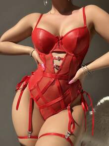 Bộ đồ lót gợi cảm 3 món dành cho nữ: Áo hai dây lưới khoét lỗ, quần lọt khe buộc bên hông và đai garter cho cô dâu khi đi chơi - Đỏ - Xem 4