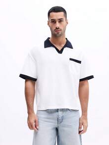 SUMWON Polo Shirt With Contrast Navy Collar And Trim Ribbed Chest Pocket Short Sleeve Casual Summer Top - White - View 1