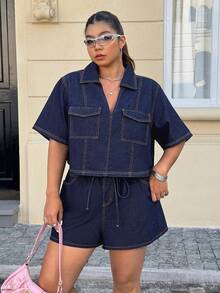 SHEIN EZwear 大码女式短袖单排扣工装口袋牛仔衬衫和牛仔短裤休闲两件套 - 藍色 - 查看 4