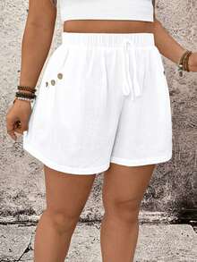 SHEIN LUNE CURVE Plus Size Summer Casual Solid Color Button Decor Shorts - White - View 4
