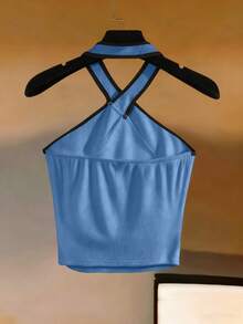 Franclia 黑色滚边露背无袖上衣，适合海滩度假、优雅场合、秋冬季节、国庆/新年等节日穿着，日常穿着时尚优雅，也适合办公室休闲穿着，百搭又时尚，是都市职业装的理想之选。 - 藍色 - 查看 2