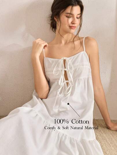 Ocili Vestido de pijama casual y cómodo para mujer con bordado y encaje de algodón 100%