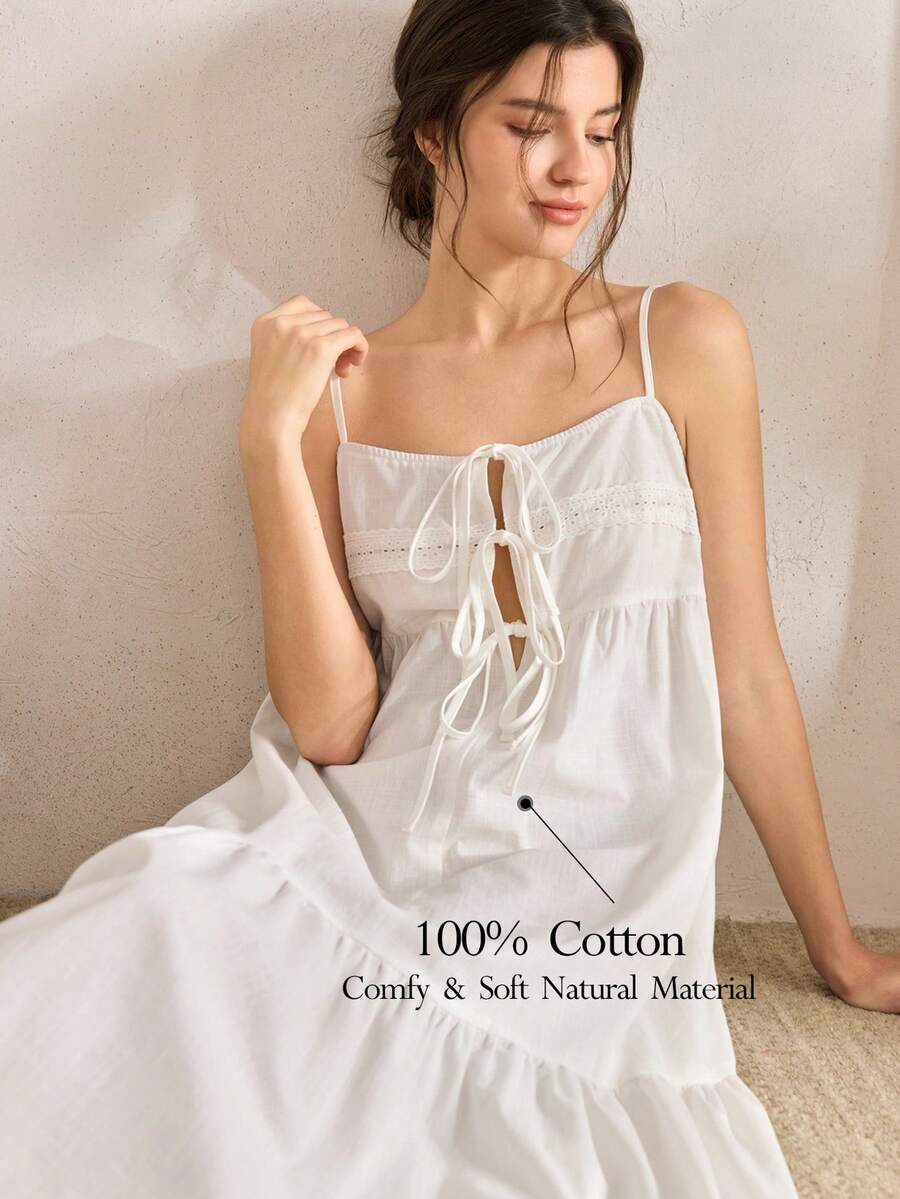 Ocili 100%纯棉刺绣蕾丝边舒适休闲睡衣连衣裙(女款) - 白色 - 查看 1