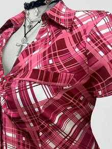 Sunspun 大码格子短袖收腰休闲衬衫 女式短袖衬衫 女式格子衬衫 格子女式上衣 优雅上衣 - 粉色 - 查看 6