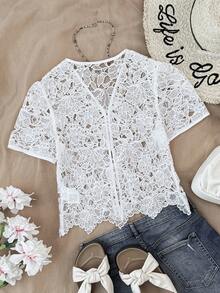 Blusa de manga corta con bordado y calado, de tejido sólido blanco, elegante y encantadora para adolescentes - Blanco - Ver 2