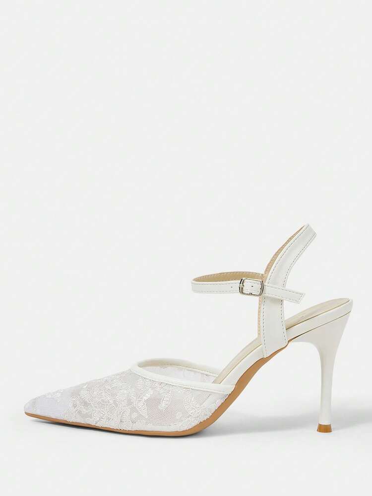 CUCCOO HITCHD Women Shoes Pointed Thin High Heel White Mesh Lace Simple Ankle Strap Women's Slingback Shoes Wedding Party Banquet Simple Fashion Sexy Women's High Heel Shoes Women's Shoes