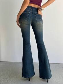 Aloruh Celana Jeans Kasual Musim Panas Wanita dengan Saku Miring, Musim Panas, Musim Semi, Liburan, Celana Jeans Flare Bbl Wanita, Celana Jeans Pinggang Rendah, Celana Jeans Flare Y2k - Biru - View 11