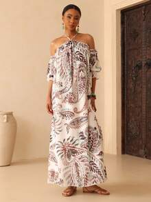 SHEIN Veneréa Floral Digital Print Halter Neck Cold Shoulder Short Sleeve Ruffle Sleeve Backless Bow Loose Long Maxi Dress For Women - Multicolor - View 6