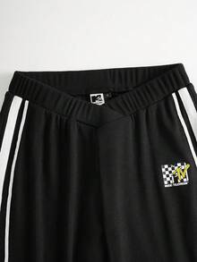 MTV | SHEIN 女士休闲运动日常通勤格子字母印花撞色条纹侧缝高腰喇叭紧身裤 - 黑色 - 查看 3
