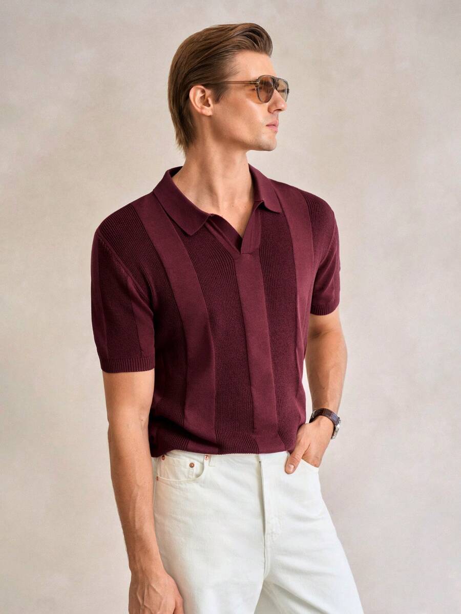 Manfinity CityGents 男士纯色短袖针织上衣，简约时尚，适合夏季 - 酒紅色 - 查看 1
