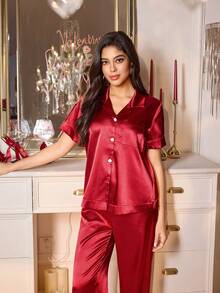 LuxeNights Luxuriöse hochwertige Neujahrsnachtwäsche für Damen in Rot, Paar-Pyjamas, Valentinstags-Geschenk, Cardigan-Pyjama-Set mit Kurzarm und Lange Hose, Frühling/Herbst - Bordeaux - Übersicht 2