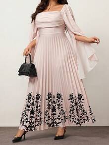 Hourglow Große Größen Elegantes Kleid für Damen mit Blume Muster, quadratischem Ausschnitt, Rüschensaum und Schlitzärmeln - Aprikosenfarben - Übersicht 5