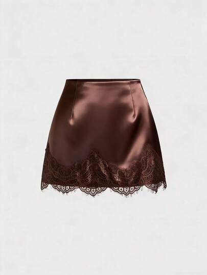 Sweetra Elegant French Retro Satin Brown Floral Patchwork Casual Skirt, Chic Early Spring New Arrival