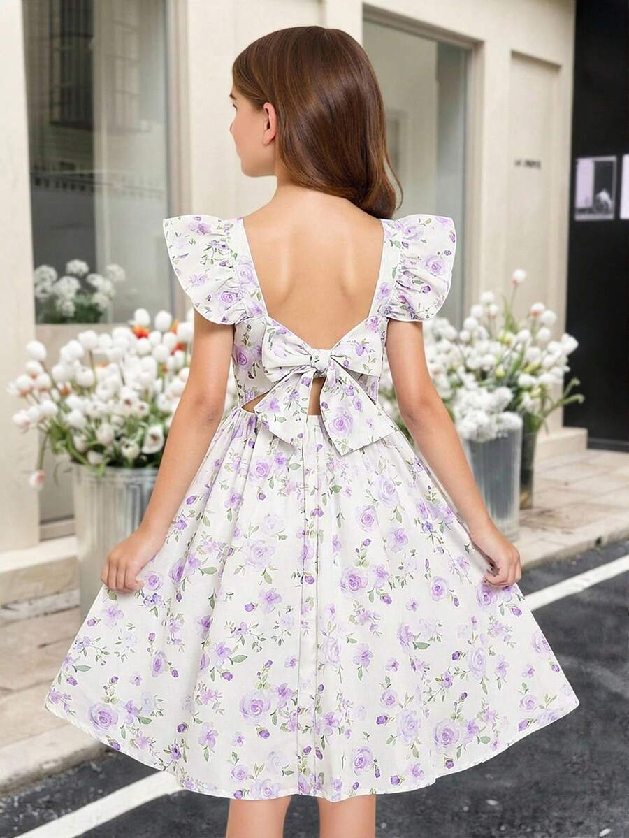 SHEIN Gaun Anak Perempuan Remaja Elegan dengan Hiasan Pita dan Rumbai Motif Bunga, Gaun Remaja Perempuan dengan Pita di Belakang, Gaun Musim Semi untuk Anak Perempuan dengan Lengan Bergelombang - Mauve Purple - View 1