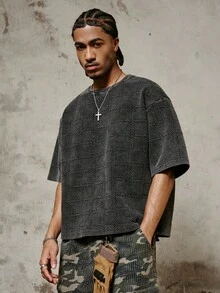 PAVTROS 1pc Men's Short Sleeve Tee, Textured Jacquard Fabric, Washed & Distressed Finish, Cotton Tee, Cropped Boxy Fit, Suitable For Sports, Casual, Commute, Vacation, Back To School, Great Gift For Boyfriend/Husband, Unisex Streetwear Top Loose Cropped Tee Men - Black - View 5