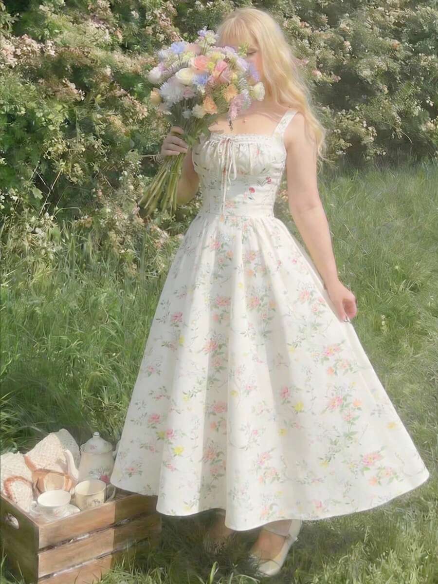 SHEIN MOD 女士梦幻浪漫印花波西米亚风连衣裙，饰有蕾丝边和蝴蝶结——完美适用于度假、浪漫场合；沙滩风印花连衣裙，适合度假、约会、野餐、派对、舞会、节日和生日等场合；浪漫复古宫廷风 - 彩色 - 查看 1