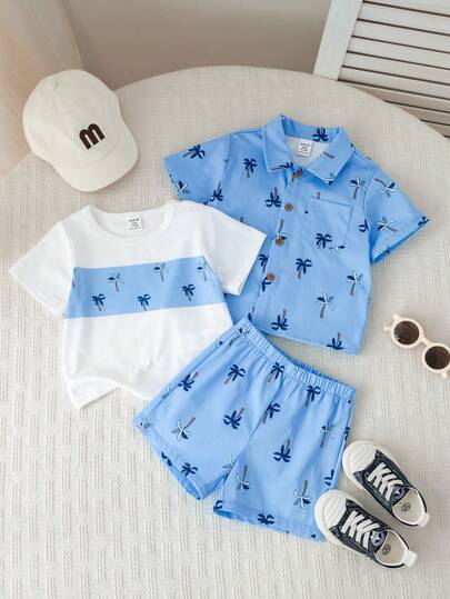 SHEIN 3件套男女宝宝休闲可爱度假风棕榈树印花短袖衬衫、防晒外套、短袖针织T恤和短裤套装，男宝宝度假装
