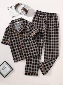 Boys Classic Plaid Lapel Short Sleeve Pajama Set - Multicolor - View 1