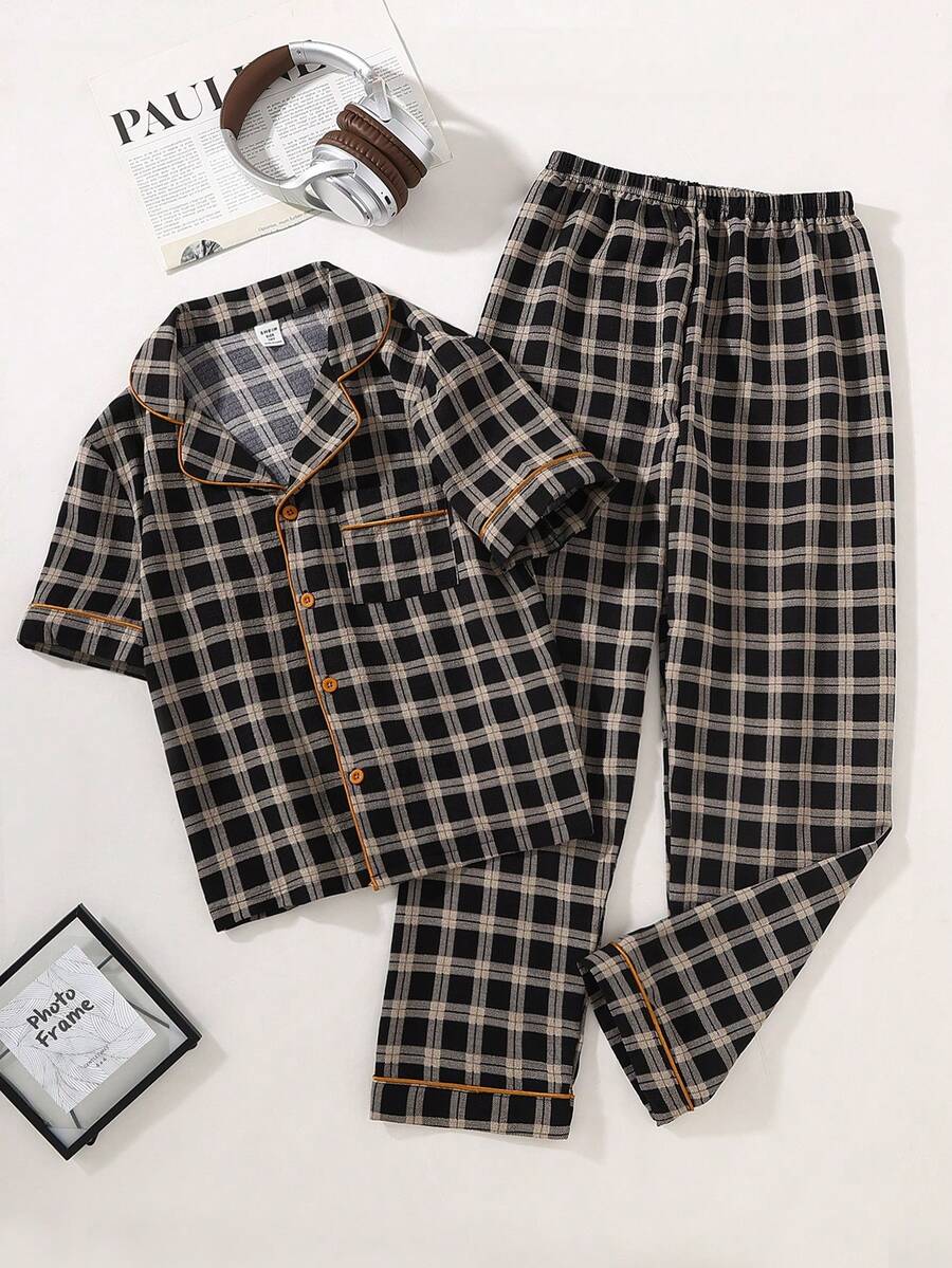Boys Classic Plaid Lapel Short Sleeve Pajama Set - Multicolor - View 1