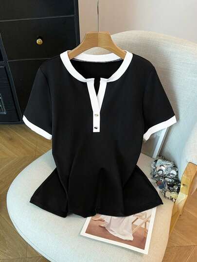 GlowEve CURVE Plus Size Women's Elegant Oblique Collar Zipper Waist Pleated Asymmetrical Short Sleeve T-Shirt, Spring/Summer