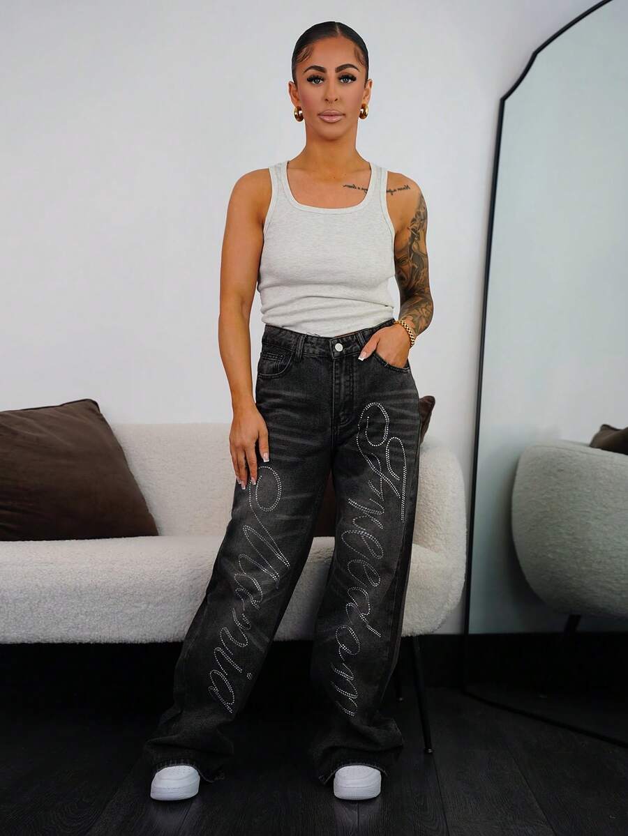 SAYEHFBABY 女式复古 Y2K 风格水钻装饰直筒牛仔裤 - 黑色 - 查看 1